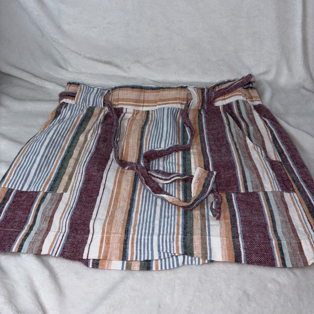 Indigo Rein Vertical Striped linen-blend Paperbag Mini Skirt Belt XL Boho EUC